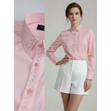 Imagem de Camisa Social Feminina com Linha de Strass Premium Rosa Gola e Peito B