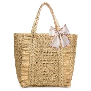 Imagem de Peicees Bolsa de tecido de palha para mulheres - Bolsa de praia com forro à prova de vazamento, bolsa de ombro boho para viagens de verão grande 22L, Caqui