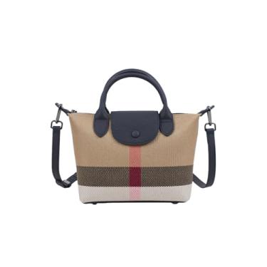 Imagem de FLOBLURA Bolsa feminina de couro genuíno de lona com alças duplas, bolsa xadrez preta estilo vintage bolsa transversal com alça de ombro ajustável