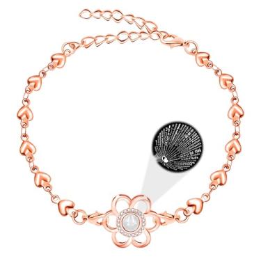 Imagem de Oneress Pulseira I Love You, 100 idiomas, corrente de coração, mensagem de amor, presente surpresa romântica, pulseiras de amizade de aniversário de casal com disco de flor Y4224, Love symbol bracelet