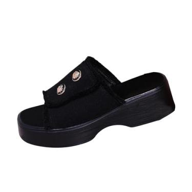 Imagem de Sandálias femininas leves de salto plataforma para primavera verão casual com uma tira confortável salto de 5 cm vários tamanhos, Preto, 36