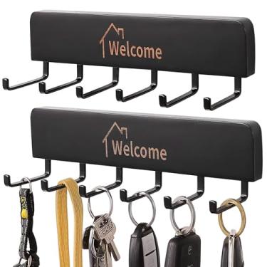 Imagem de SCUNDA Porta-chaves de madeira com ganchos de metal, adesivo sem broca e parafusos, organizador de entrada de parede para chaves, casacos, chapéus, decoração de parede rústica de casa de fazenda para