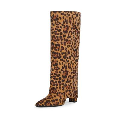 Imagem de Modatope Botas de cano alto femininas dobradas acima do joelho salto alto grosso botas longas com zíper bico fino vestido botas altas para mulheres, Suedeleopard, 37