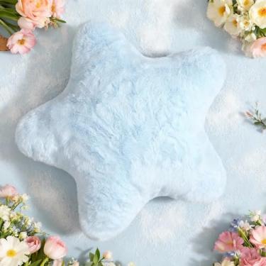 Imagem de YRXRUS Travesseiros de estrela, travesseiro azul claro em forma de estrela, presentes decorativos, decoração de quarto de Natal de pelúcia fofa de pele de coelho sintética 35,56 cm x 35,5 cm para