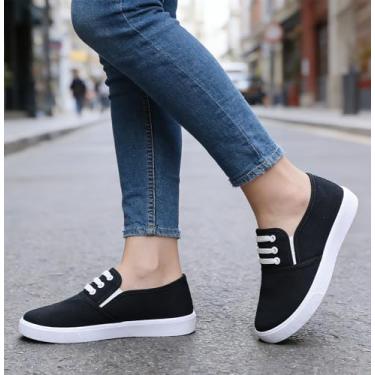 Imagem de Tênis feminino de lona, cano baixo, casual, branco, preto, sem cadarço, moderno, confortável, tênis de caminhada, Preto, 35