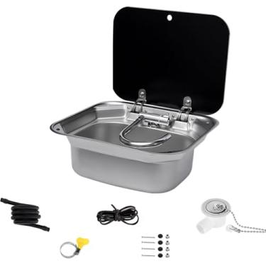 Imagem de Conjunto de pia e torneira dobrável para trailer com tampa, pia de estação de trabalho de tigela única de aço inoxidável 304, pia de cozinha com barra suspensa para caravana, trailer, barco, reboque