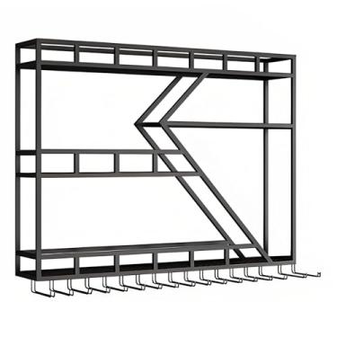 Imagem de Rack de vinho industrial LED montado na parede, grande prateleira de bar de metal com suporte para copo de vinho, exibição de garrafa de licor de ferro flutuante para casa, bar, café - luz preta e