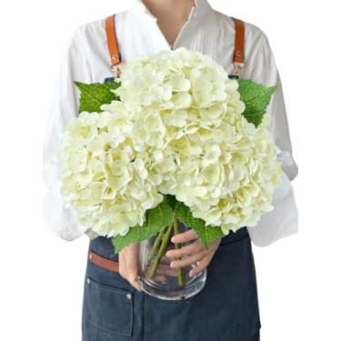 Imagem de JINWOE Flores artificiais boho de hortênsia de toque real, 3 peças de flores de seda realistas de látex creme, grandes e realistas, hortênsias artificiais para mesas de buquê de ambientes internos