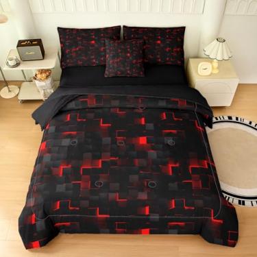 Imagem de Yadangxiawa Jogo de cama solteiro com geometria vermelha, 6 peças, para adolescentes, com 1 colcha + 1 lençol de cima + 1 lençol com elástico + 2 fronhas + 1 capa de almofada (solteiro geométrico)