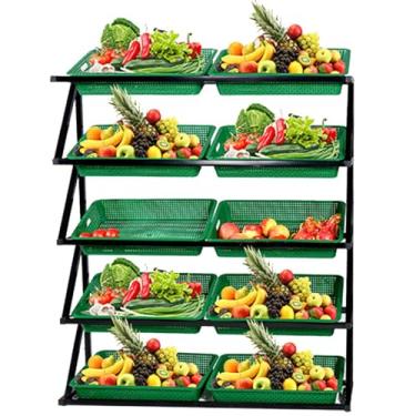 Imagem de Rack de exibição de vegetais e frutas de 5 camadas, prateleira de armazenamento de supermercado com 5/10 cestos, organizador de mercado de varejo para lanches e doces, uso comercial e doméstico