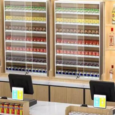 Imagem de Prateleiras de exibição de parede bloqueáveis para cigarros, rack de armário de varejo que economiza espaço, armazenamento de vitrine de supermercado, alumínio durável (70 x 3,8 x 90 cm)