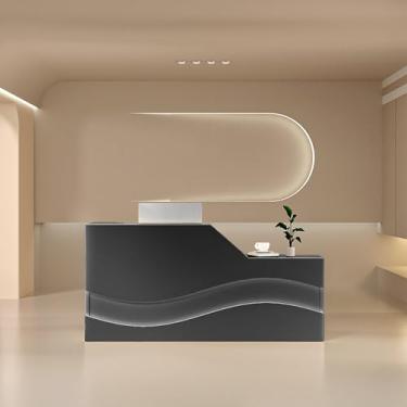 Imagem de Mesa de recepção preta com gaveta bloqueável e bandeja de teclado, mesa de balcão frontal para escritório, saguão, salão de beleza - design moderno, 140 x 59 x 99 cm