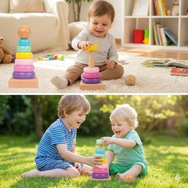 Imagem de Brinquedo Bloco Cone de Empilhar Madeira Colorido Infantil Crianças Ed