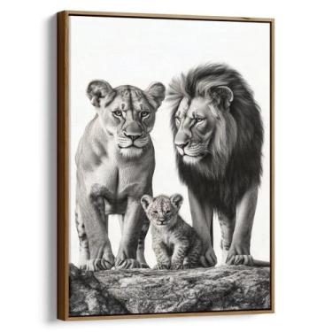 Imagem de Quadro Família de Leões Preto e Branco - Mioquadros, 120x80 cm, Tabaco