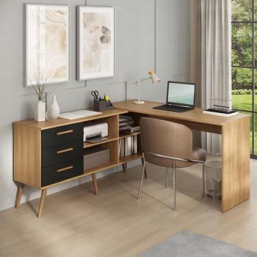 Imagem de Escrivaninha De Canto Em L Com 3 Gavetas Porto Multimóveis Mp6036 Madeirado/preto