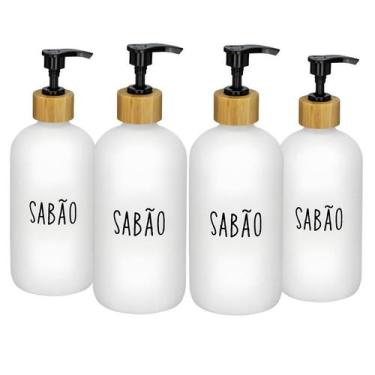 Imagem de Kit 4 Dispenser Porta Sabonete Liquido De Vidro Bambu 500ml - Haüskraf
