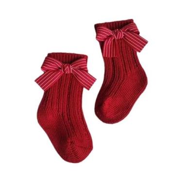 Imagem de Meias De Algodão Vermelhas Com Laço Para Bebês Meninas, Aquecedores De