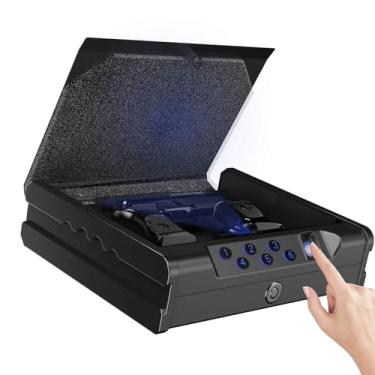Imagem de Segurança Cofre biométrico para armas com impressão digital, PIN digital e acesso à chave, capacidade para 2 armas, caixa de bloqueio de arma de mão para vestiário de carro, sala de estar, quarto e