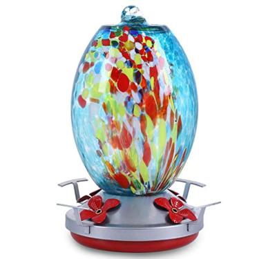 Imagem de Alimentador de beija-flor de jardim com poleiro - Vidro soprado à mão - Azul - 25 Onças fluidas Capacidade de néctar beija-flor incluem fios pendurado