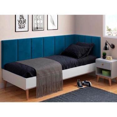 Imagem de Cabeceira em L para Cama Box Solteiro Proteção Lateral Estofada - Azul Suede
