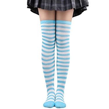 Imagem de Meias femininas acima do joelho para meninas longas listradas meias de Natal cosplay meias de malha para cosplay, Azul, One Size