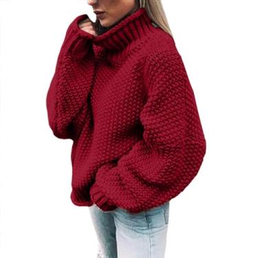 Imagem de Suéter feminino gola rolê sólido casual solto manga longa suéter outono inverno pulôver grosso tops, W1-vermelho, G