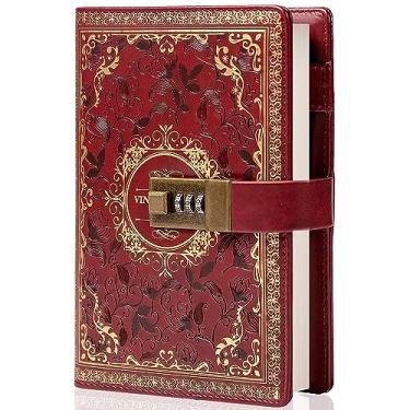 Imagem de TIEFOSSI Caderno de couro vintage com cadeado de combinação, diário secreto de flor em relevo B6, pautado, papel pautado para escrever, presente para mulheres meninas e crianças (vinho)