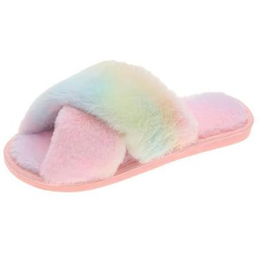 Imagem de Chinelos felpudos macios com faixa cruzada, sandálias de pelúcia antiderrapantes, leves, quentes, confortáveis, respiráveis, Multicolorido 3, One Size