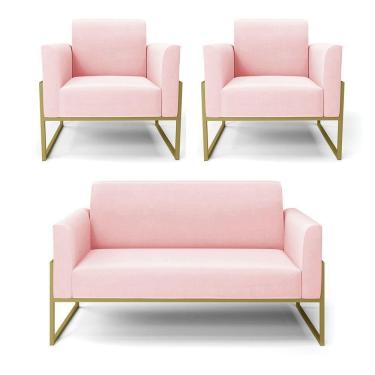 Imagem de Sofá Namoradeira Com 2 Poltronas Base Industrial Alta Dourado Marisa Suede D03 - D\`rossi Cor Rosa Bebê