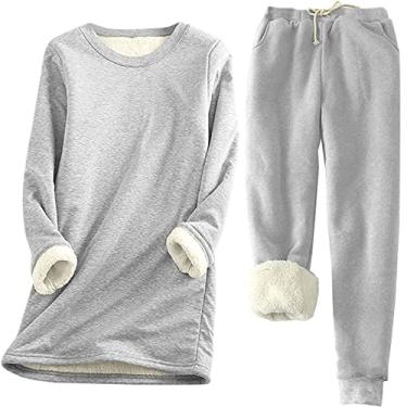 Imagem de Roupas femininas quentes, camisetas, calças, pijamas, conjuntos de pijama para mulheres, forrado com lã, combinando com lã, outono inverno 2024, Cinza O-814, M