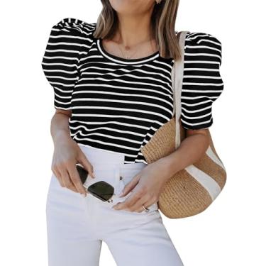 Imagem de Tankaneo Camisetas femininas casuais de verão listradas bufante manga curta ajuste solto túnica top, Preto, G