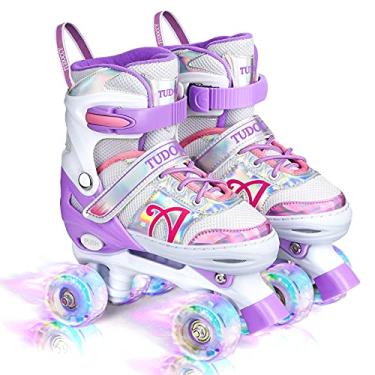 Imagem de Patins para crianças, patins brilhantes de 4 tamanhos ajustáveis com rodas iluminadas para meninas, adolescentes, patins ao ar livre para iniciantes e avançados | roxo, G - 3Y-6Y (grande, roxo)