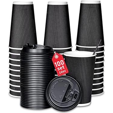 Imagem de Ganfaner [Conjunto de 100 xícaras de café descartáveis de 473 ml, copo de papel de parede dupla ondulado isolado com tampa, perfeito para caneca de viagem, festas e muito mais, copos de papel preto