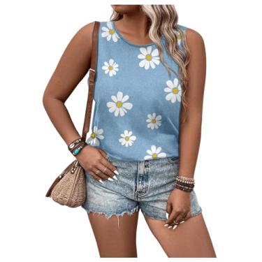 Imagem de SOLY HUX Camiseta regata feminina plus size verão gola redonda estampada sem mangas, Floral azul, XXG Plus Size
