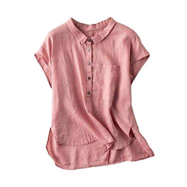Imagem de Camisa feminina de algodão, linho, manga curta, gola V, casual, solta, para trabalho, rosa, G