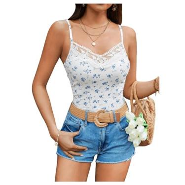 Imagem de SHENHE Camiseta regata feminina com estampa floral, acabamento em renda, gola V, sem mangas, de malha fofa, Azul e branco, G