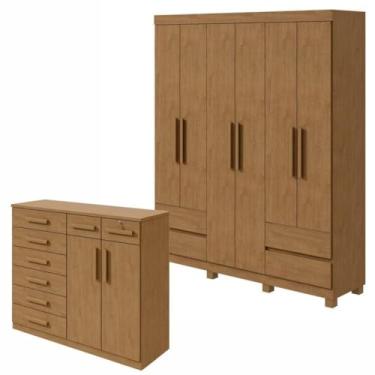 Imagem de Conjunto de Guarda-roupa 6 Portas 4 Gavetas Zeus com Pése Cômoda 8 Gavetas 2 Portas Toronto Amêndoa Clean