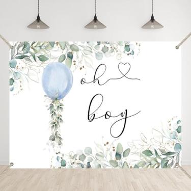 Imagem de Bellicremas Balão azul Oh Boy pano de fundo aquarela verde menino chá de bebê artigos de festa botânico eucalipto meninos bolo banner com ilhós de cobre