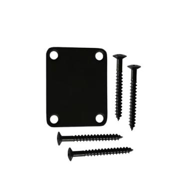Imagem de Metallor Placa de pescoço de guitarra padrão 4 furos com parafusos 64 x 51 mm Compatível com Strat Tele Style Electric Guitar Jazz Bass peças de substituição pacote de 1 conjunto preto.