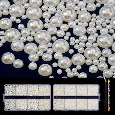 Imagem de 6540 peças esbranquiçadas AB resina plana pérolas strass, tamanho misto 2/3/4/5/6/8/10 mm contas de pérola meia redonda pedras de strass com pinças e lápis selecionador para artesanato decoração de unhas DIY
