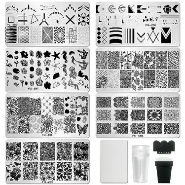 Imagem de AddFavor Kit de carimbo de unhas, 7 peças de placas de estampagem de unhas, mandala geométrica, imagem animal, estênceis de unhas com 2 carimbos e 2 raspadores para salão de beleza, manicure, suprimentos de ferramentas