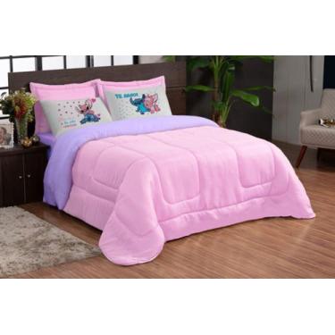 Imagem de Kit Edredom Casal Queen Te Amo 5 pcs Stich Rosa Lilas - TheoVitex