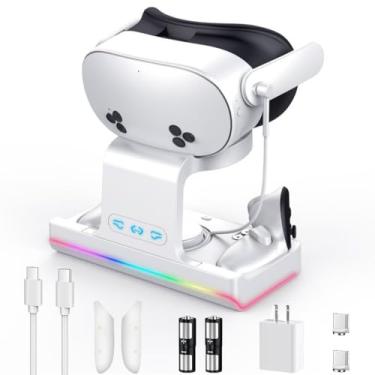 Imagem de Base de carregamento para Meta Quest 3S, estação de carregamento rápido PD 18W com luz RGB, suporte de carregamento magnético para fone de ouvido/controlador VR com 2 baterias recarregáveis