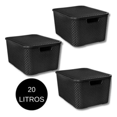 Imagem de Kit C/ 3 Cesto - Caixa Organizadora Rattan 20 Litros - Preto - Arqplas