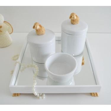 Imagem de Kit Higiene K049 Bandeja MDF Porcelanas Apliques Dourado Quarto Bebê -