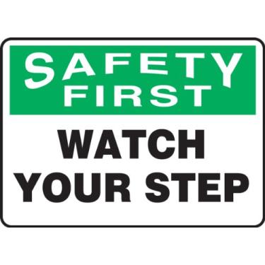 Imagem de Accuform Placa adesiva de vinil MSTF901VS, legenda "Safety First Watch Your Step", 25,4 cm de comprimento x 35,5 cm de largura x 0 cm de espessura, verde/preto no branco, 25,4 cm de altura, 35,5 cm de