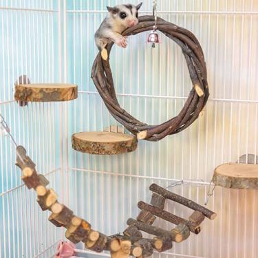 Imagem de 5 peças de acessórios para gaiolas de açúcar, furão de esquilo de madeira de maçã, hamster, brinquedos de escalada para mastigar, planador de açúcar, plataforma de brinquedo de escada (madeira, 5