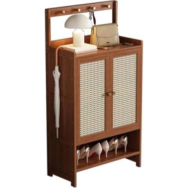 Imagem de Armário de sapatos independente com ganchos, armário de armazenamento de sapatos de bambu para corredor organizador de armário para salas de estar, quarto, marrom, 67 × 32 × 131 cm