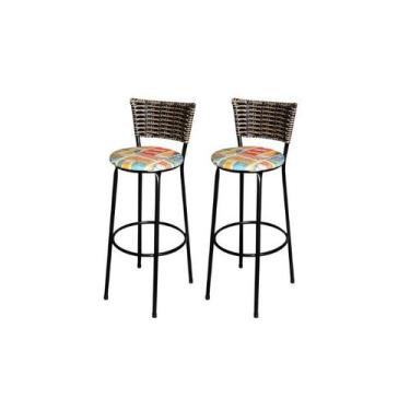 Imagem de Jogo 2 Banqueta Alta Para Cozinha Ratan Cappuccino Preta Estofado Cerv