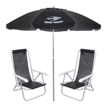Imagem de Kit 2 Cadeiras Reclinável Alumínio + Guarda Sol Bagum 2,4m Preto Mormaii - Belfix